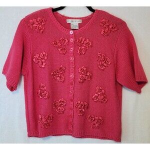 VTG Victoria Jones Sweater Women's M Pink Ribbon Cardigan Flower Barbie Coquette